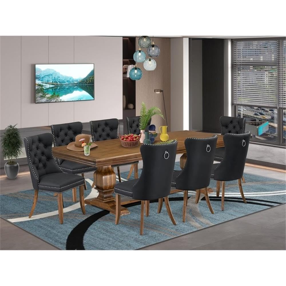 9-Piece Acacia Wood Dining Table Set with Faux Leather Chairs N174042