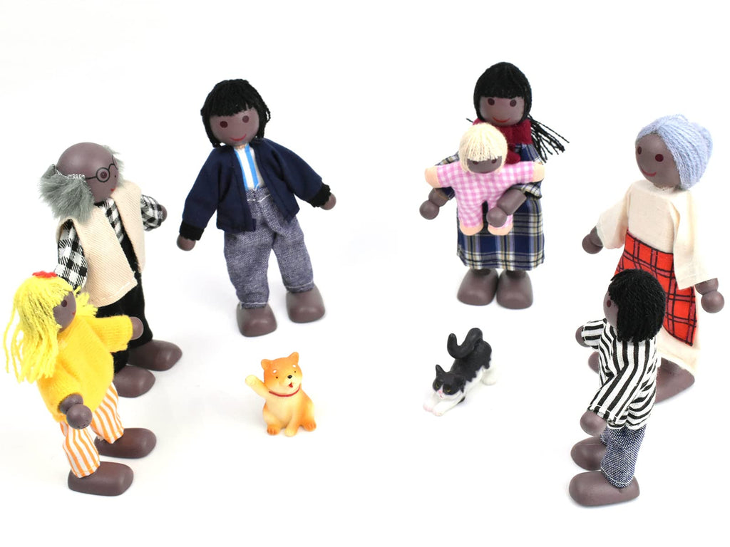 Wooden Dollhouse People 7 Pcs Family Figures with 2 Pets V509