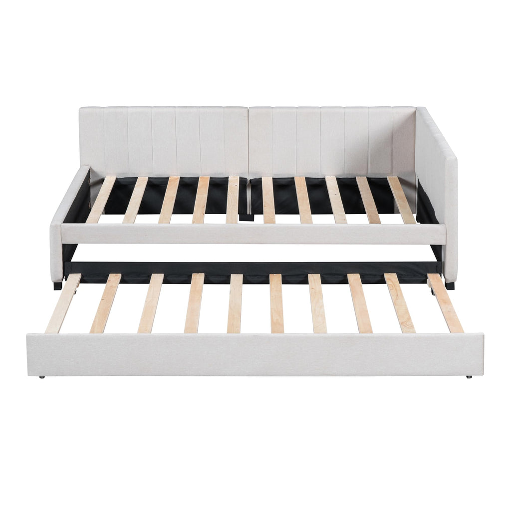 Beige Linen Upholstered Daybed with Trundle Twin Size W995