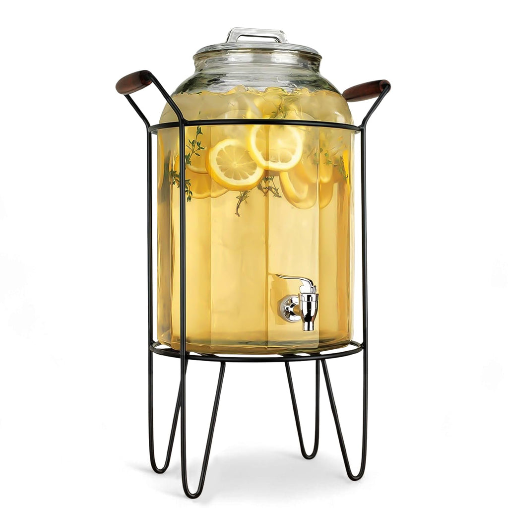 3 Gallon Glass Beverage Dispenser with Glass Lid and Metal Stand U687