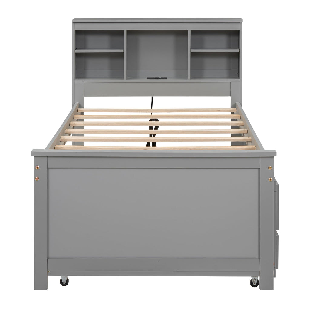 Twin Size Wood Platform Bed with Trundle and 3 Drawers P276521
