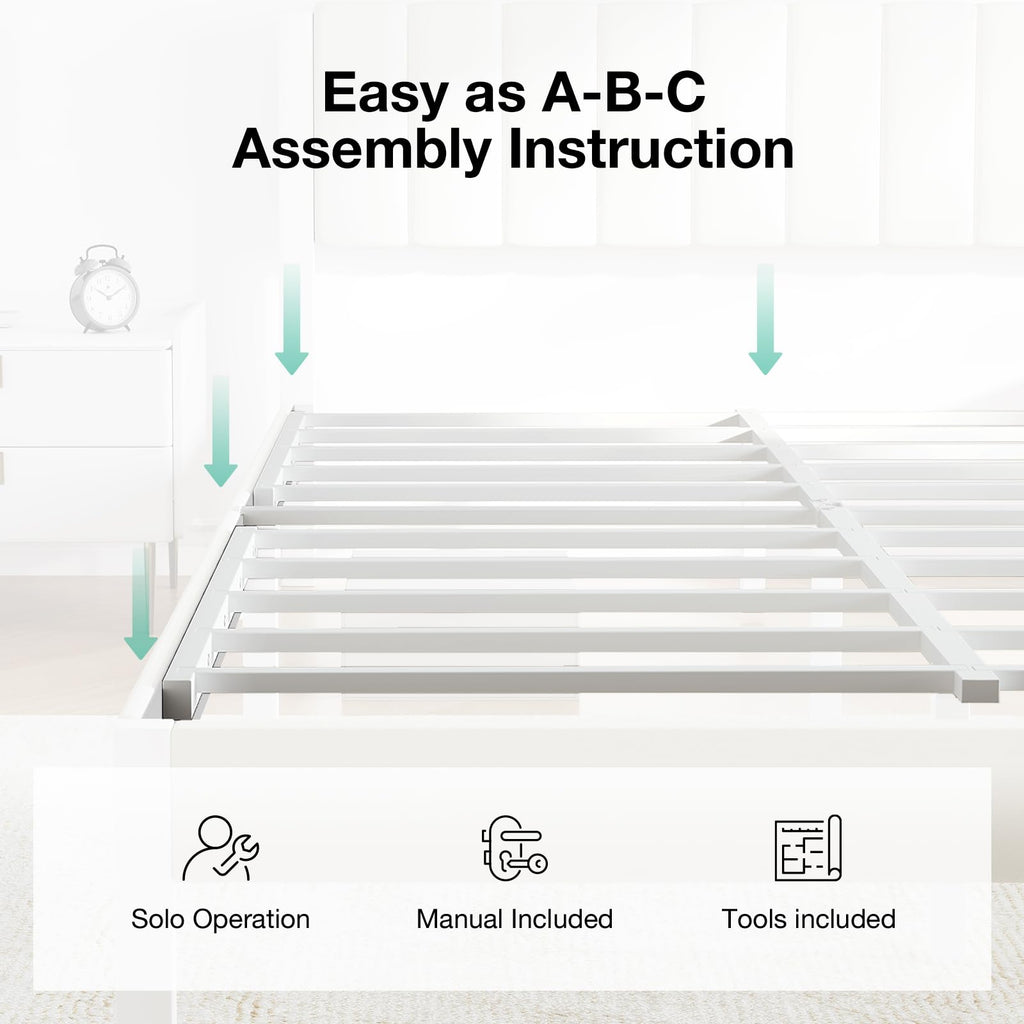 Full Size Metal Platform Bed Frame with Velvet White Headboard V290533