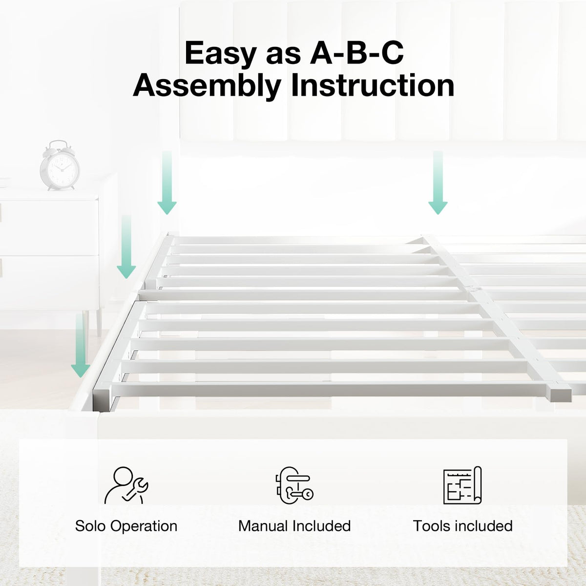 Full Size Metal Platform Bed Frame with Velvet White Headboard V290533