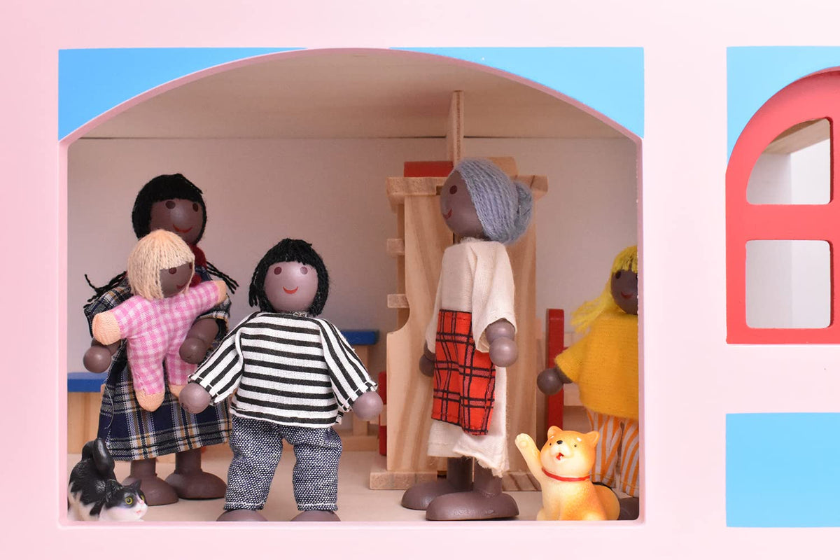 Wooden Dollhouse People 7 Pcs Family Figures with 2 Pets V509