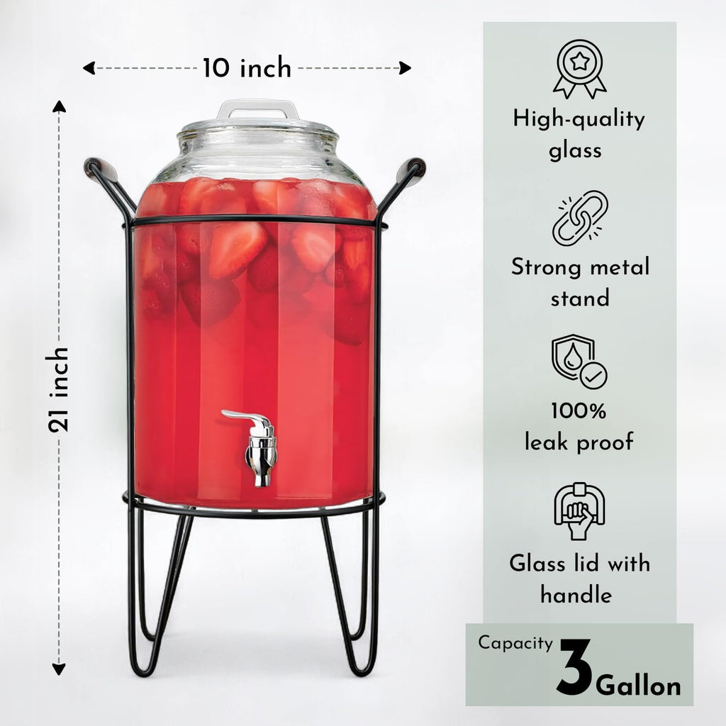 3 Gallon Glass Beverage Dispenser with Glass Lid and Metal Stand U687