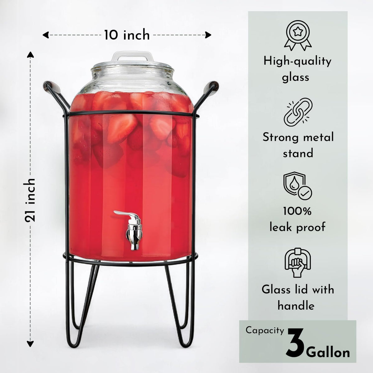 3 Gallon Glass Beverage Dispenser with Glass Lid and Metal Stand U687