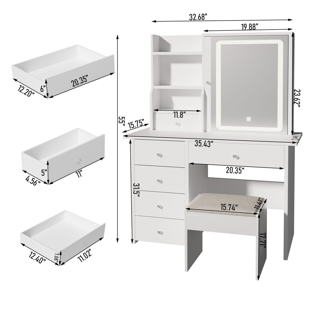 White Makeup Vanity Desk with LED Lights Mirror J70154