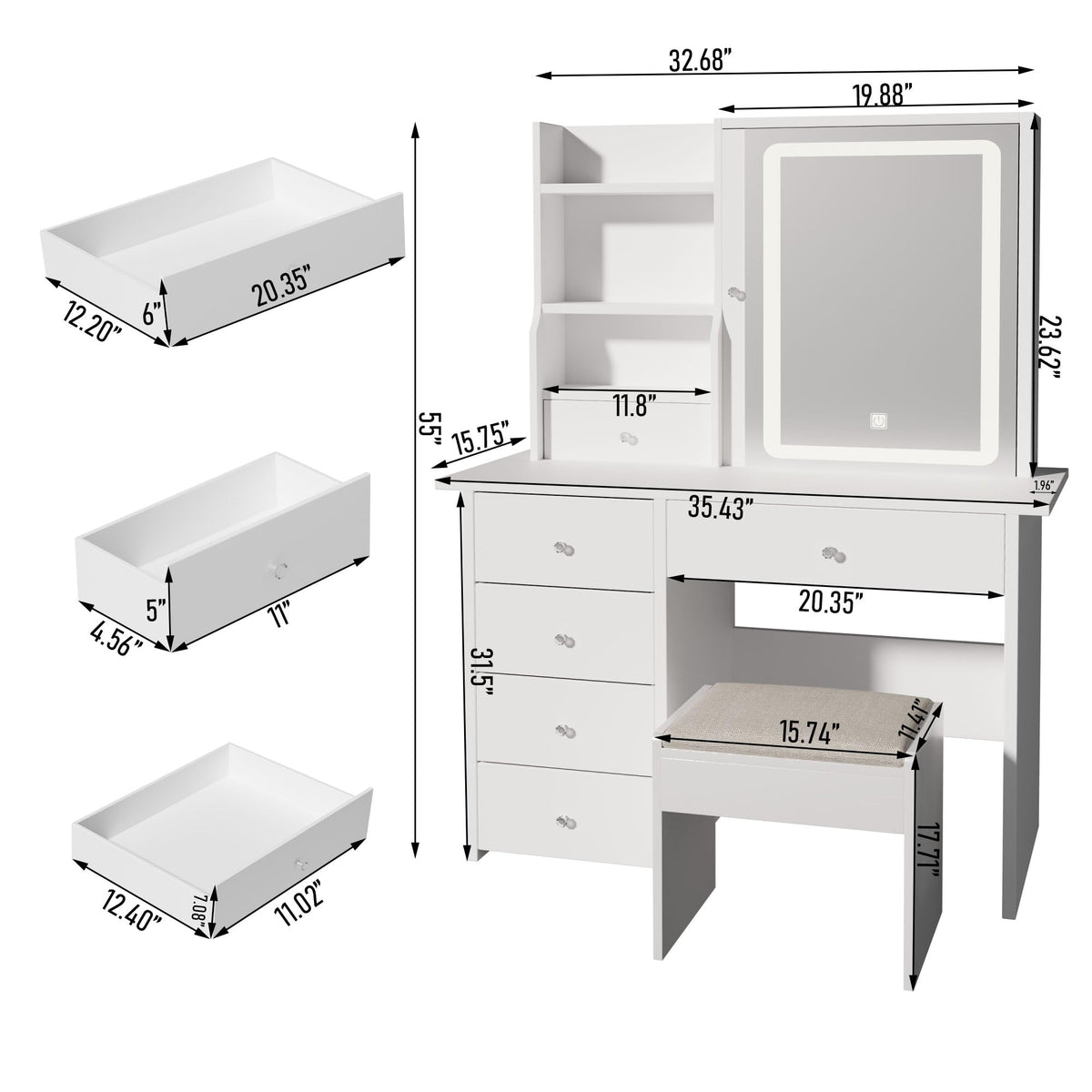 White Makeup Vanity Desk with LED Lights Mirror J70154
