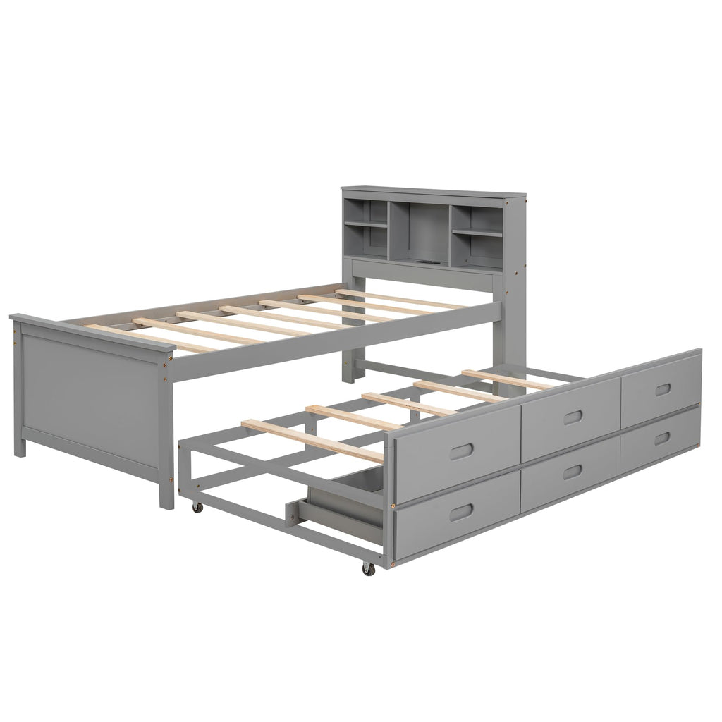 Twin Size Wood Platform Bed with Trundle and 3 Drawers P276521