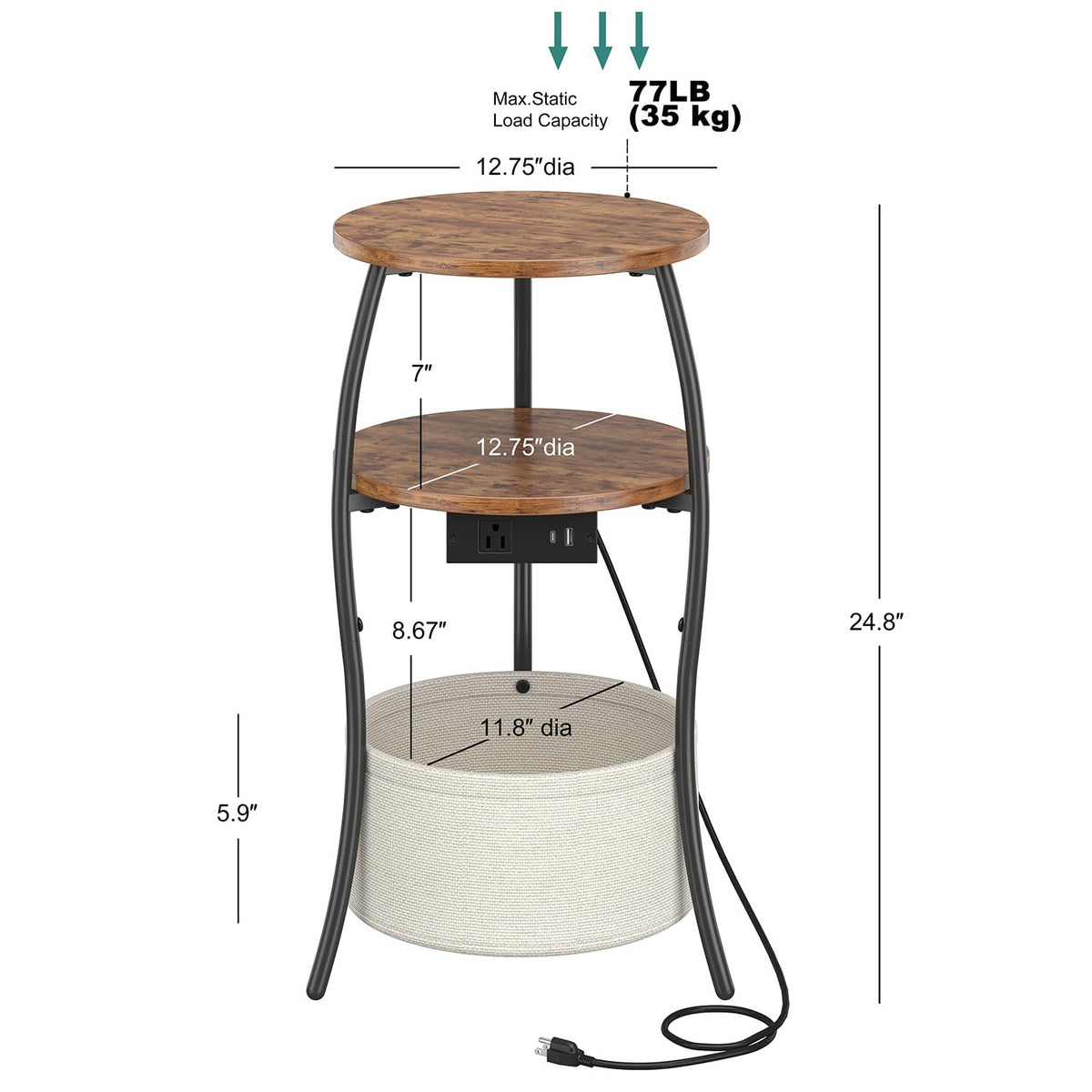 3-Tier Round End Table with Charging Station J854