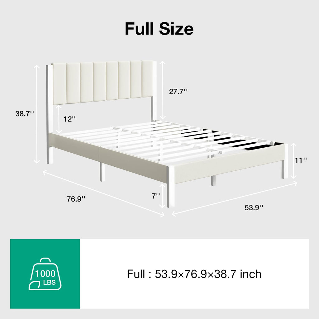 Full Size Metal Platform Bed Frame with Velvet White Headboard V290533