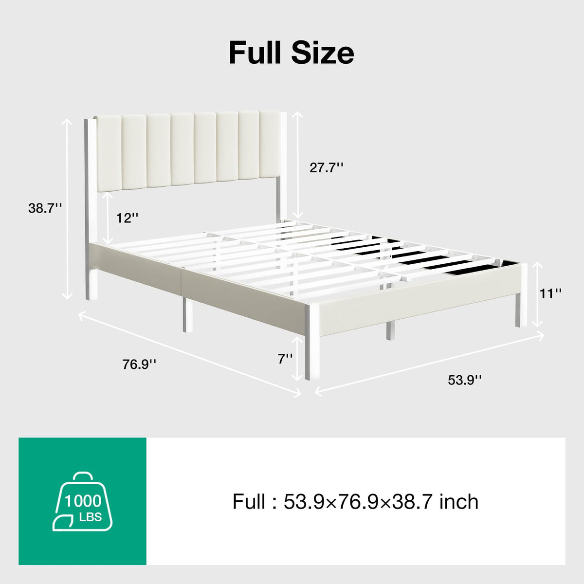 Full Size Metal Platform Bed Frame with Velvet White Headboard V290533
