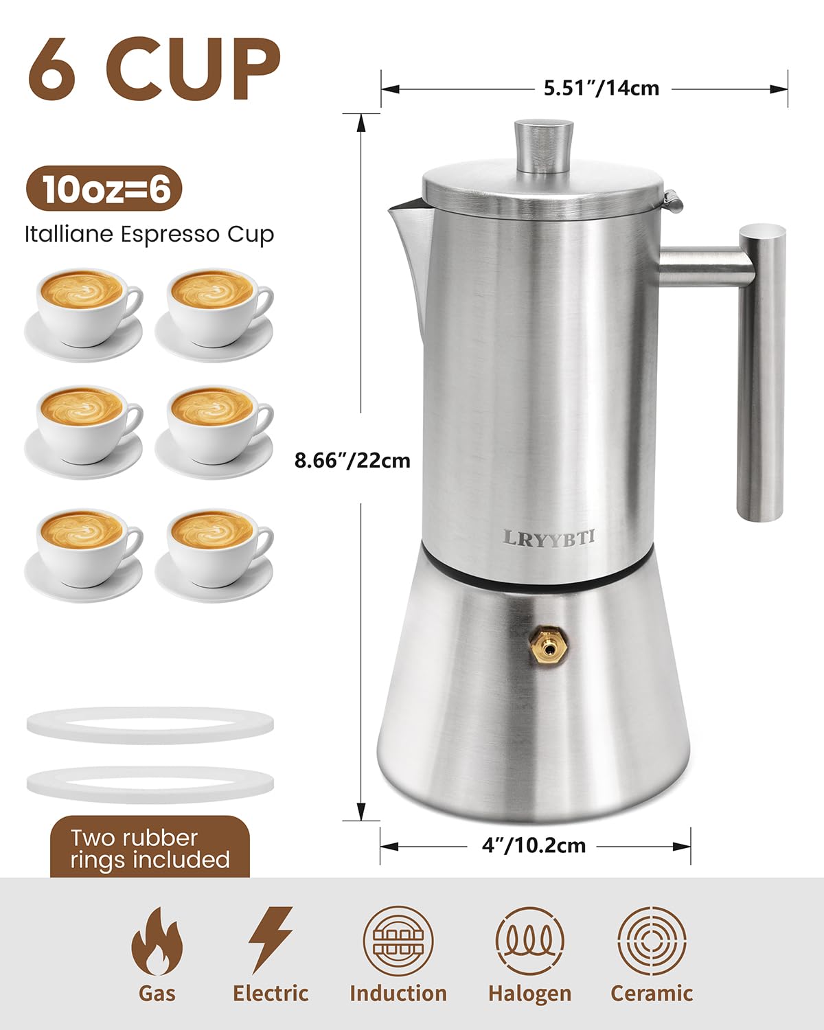6 Cup Stainless Steel Stovetop Moka Pot H947