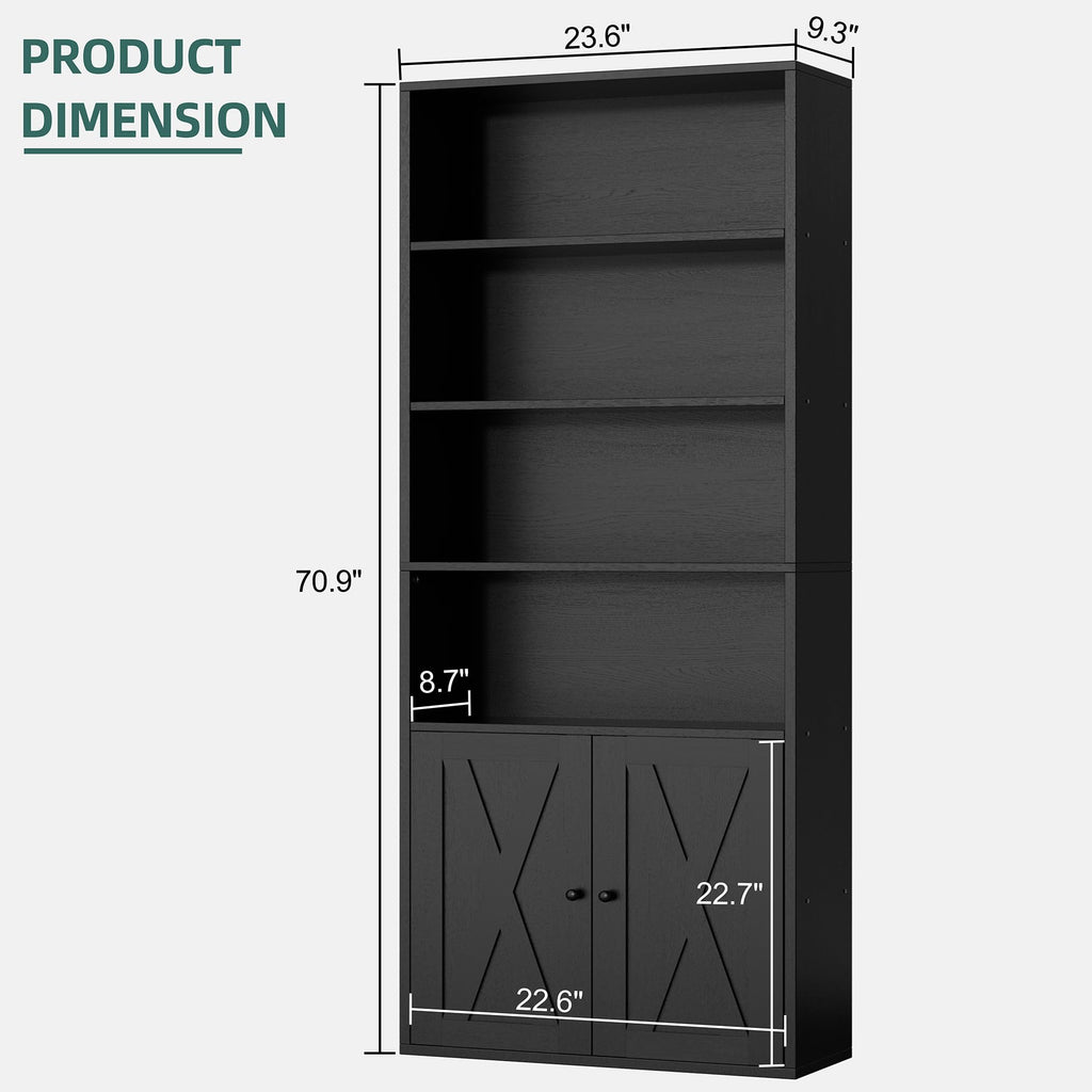 Black 6 Shelf Bookshelf with Doors T553