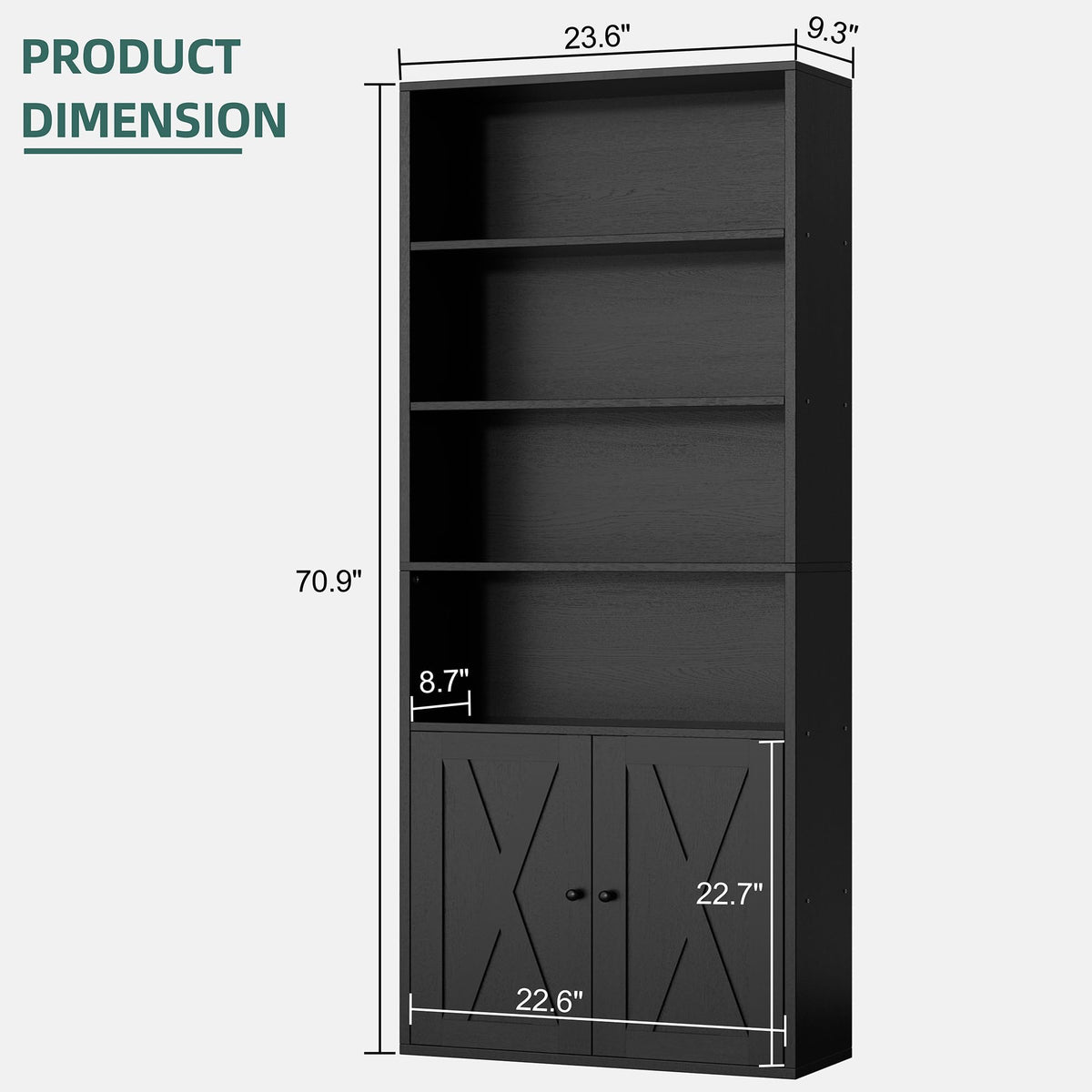 Black 6 Shelf Bookshelf with Doors T553