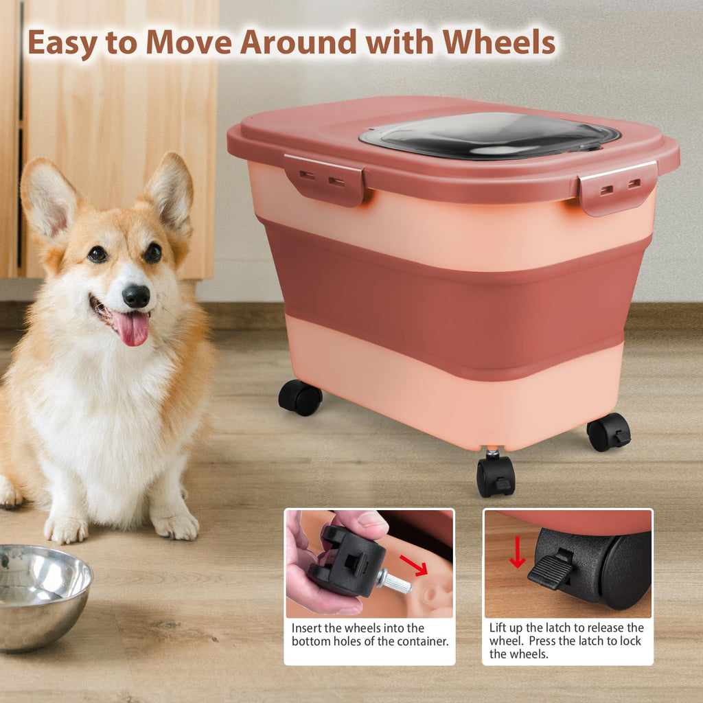 Collapsible Pet Food Storage Container with Wheel, Cup and Scoop T486