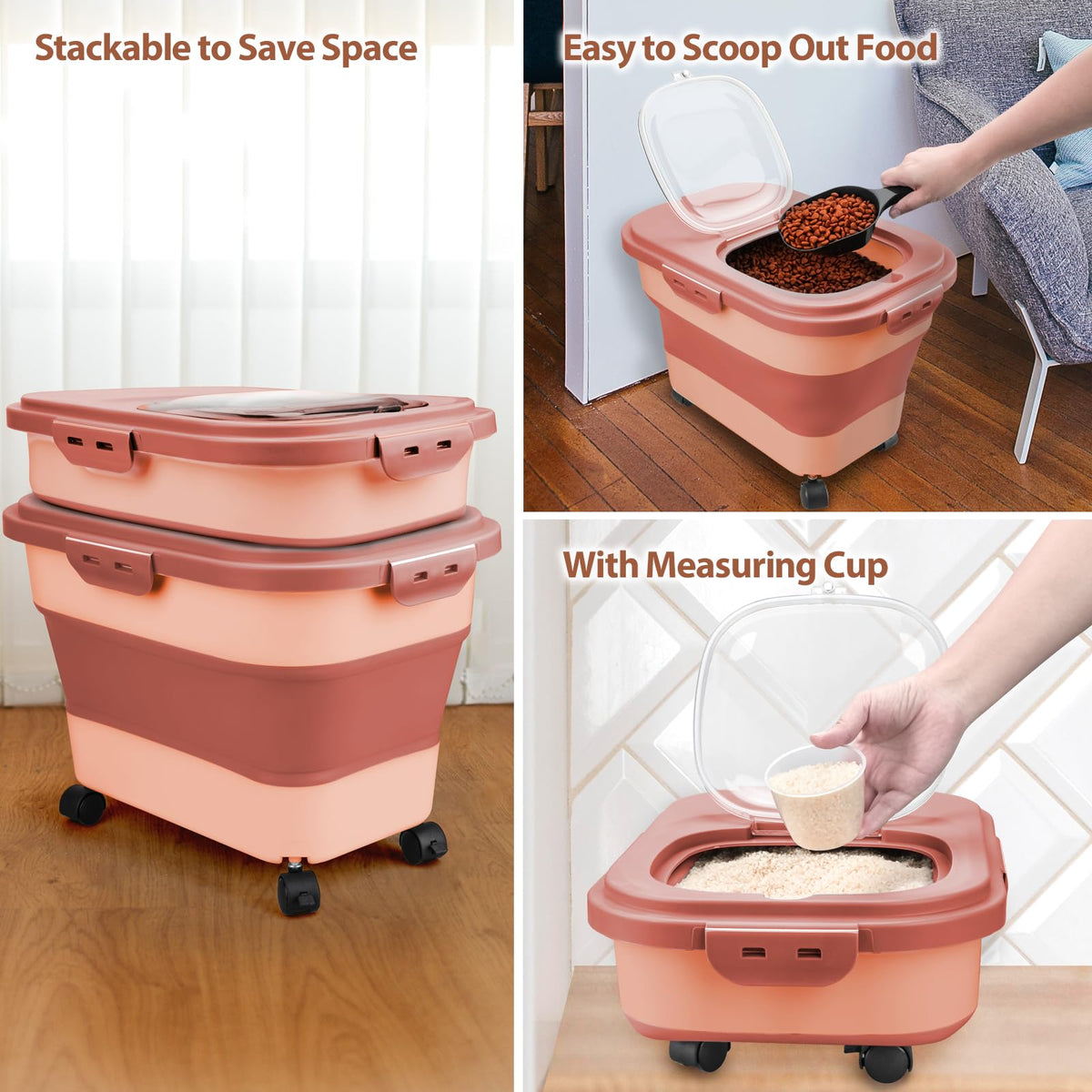 Collapsible Pet Food Storage Container with Wheel, Cup and Scoop T486