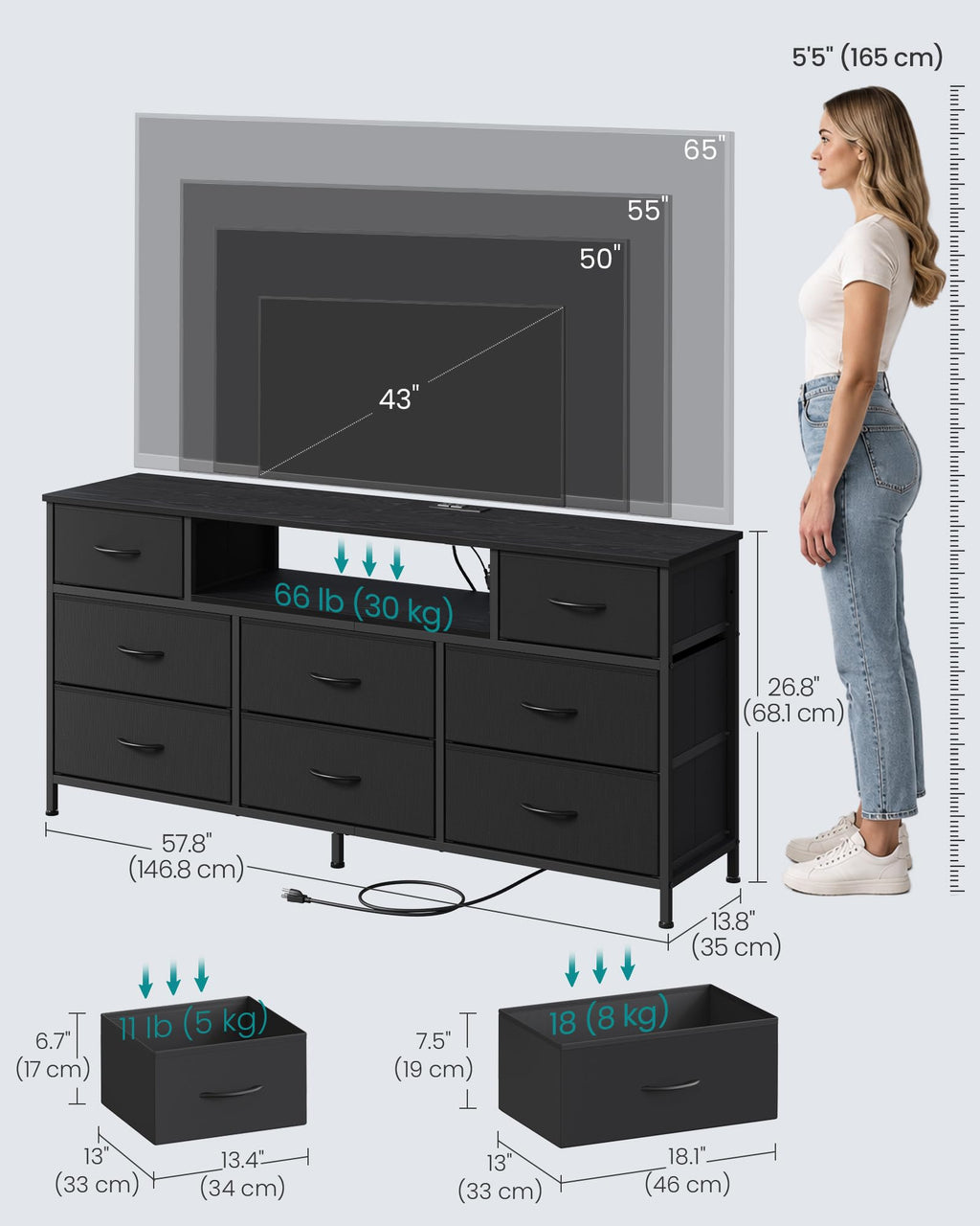 8 Fabric Drawers Dresser with Outlets & LED Lights I663929