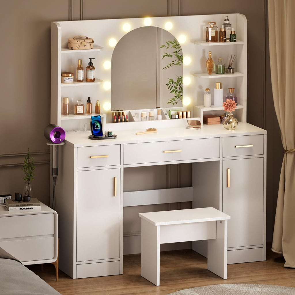 White Vanity Desk with Mirror and Lights C1753
