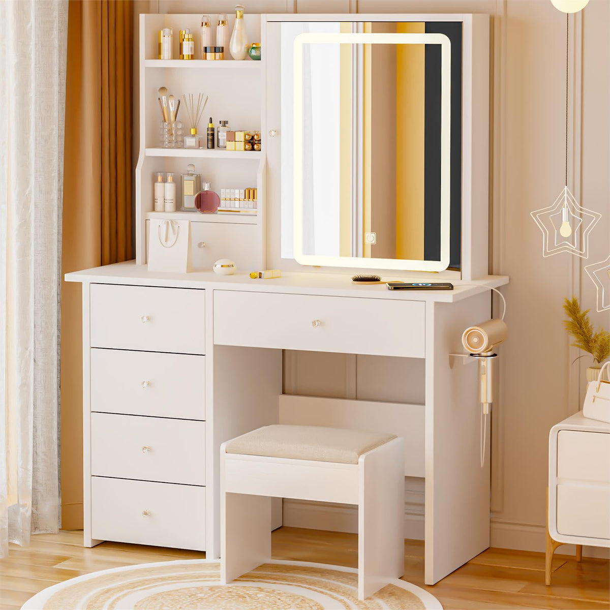 White Makeup Vanity Desk with LED Lights Mirror J70154