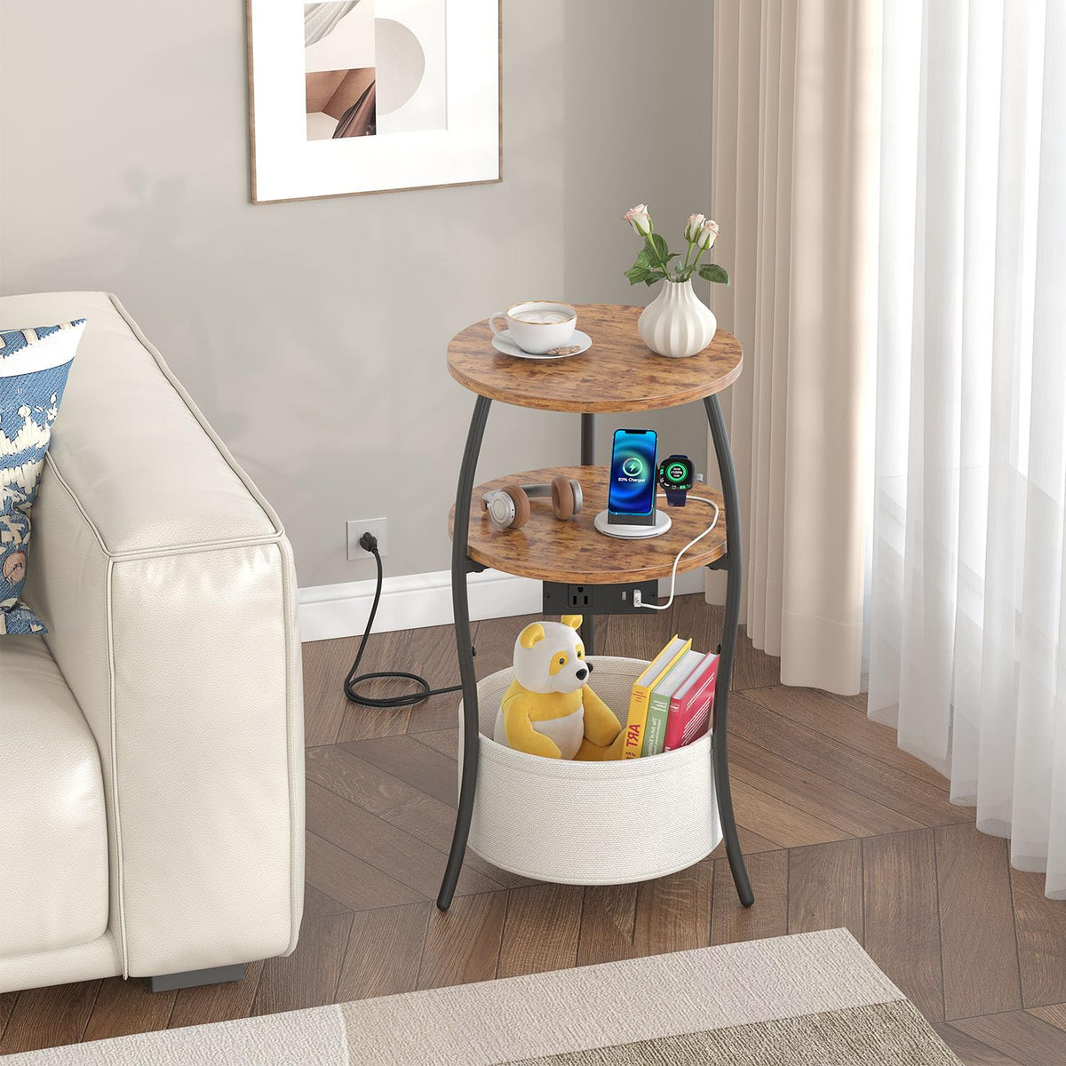 3-Tier Round End Table with Charging Station J854