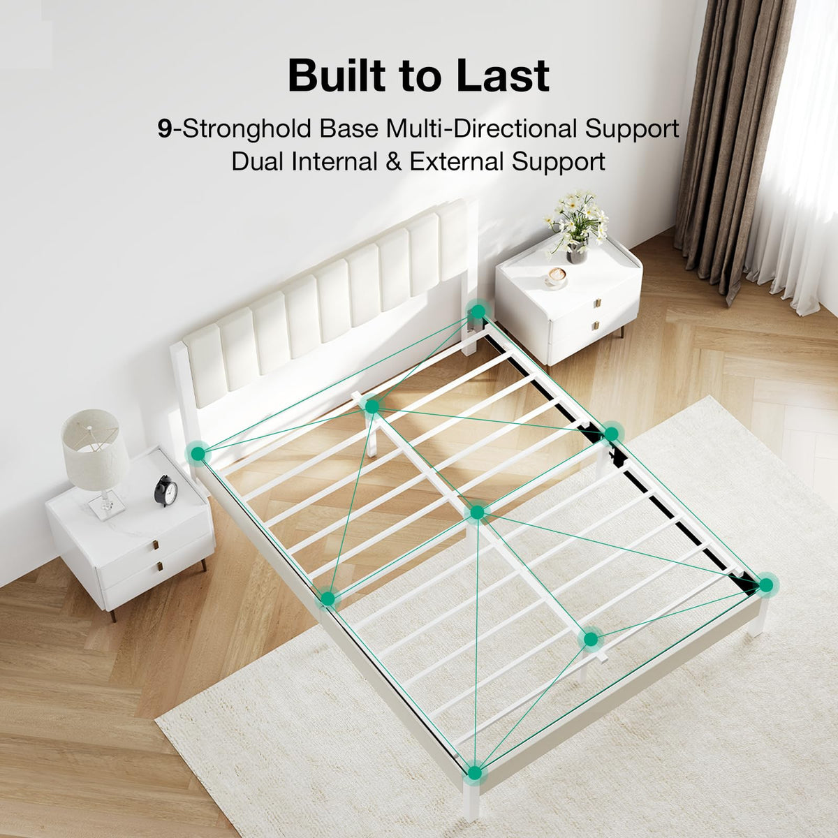 Full Size Metal Platform Bed Frame with Velvet White Headboard V290533