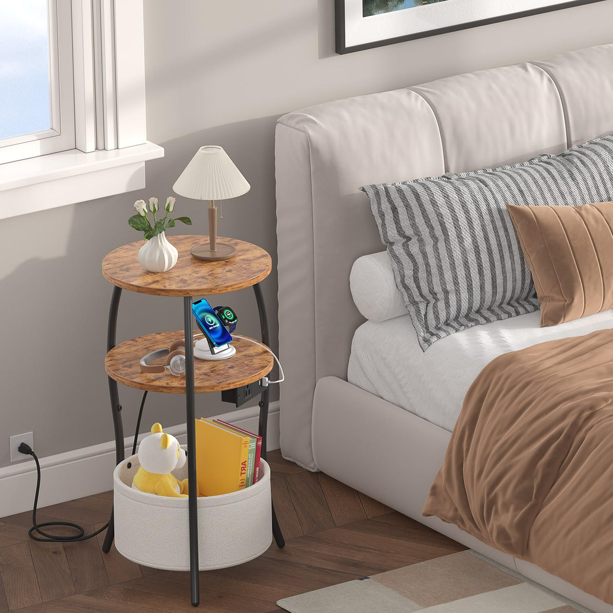 3-Tier Round End Table with Charging Station J854