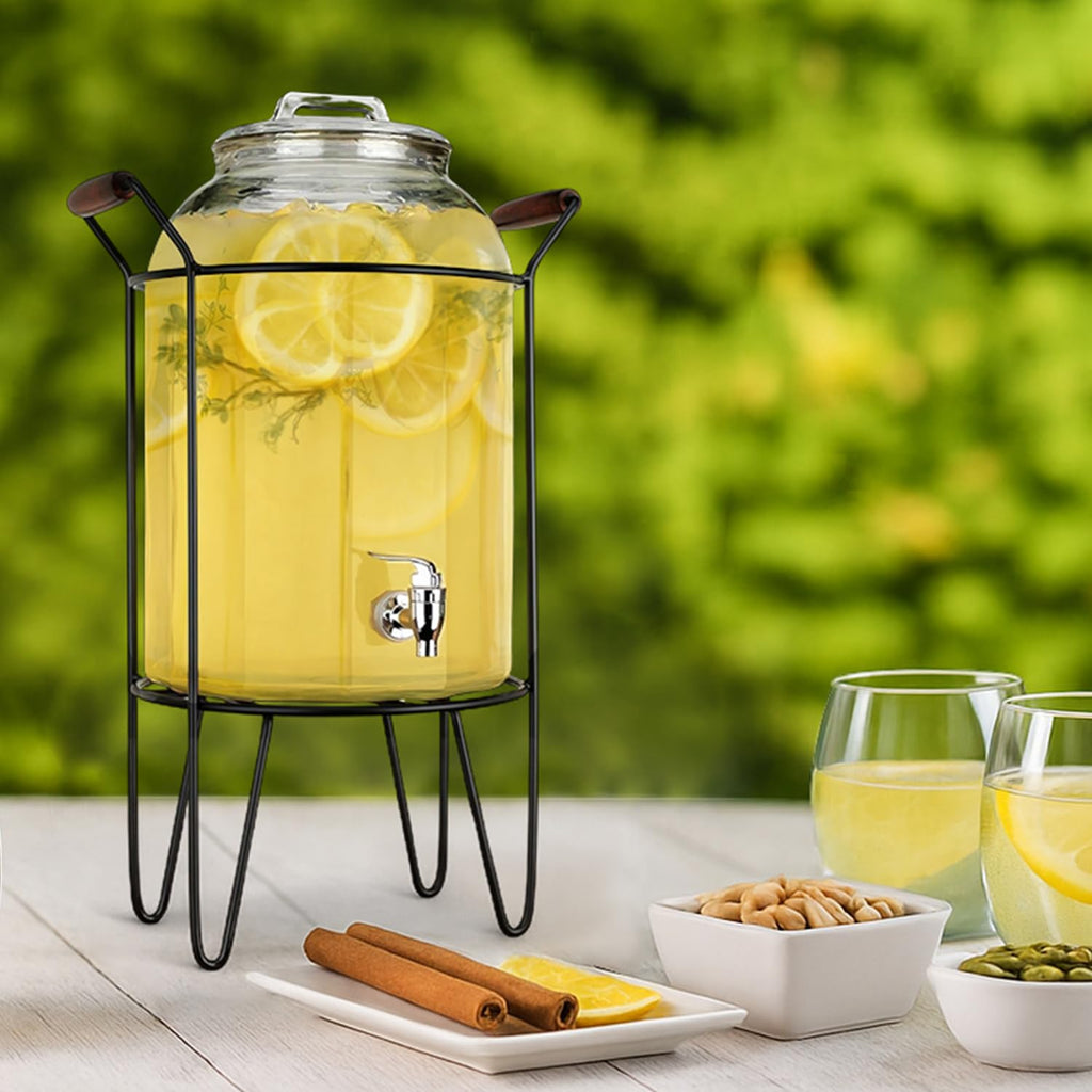 3 Gallon Glass Beverage Dispenser with Glass Lid and Metal Stand U687
