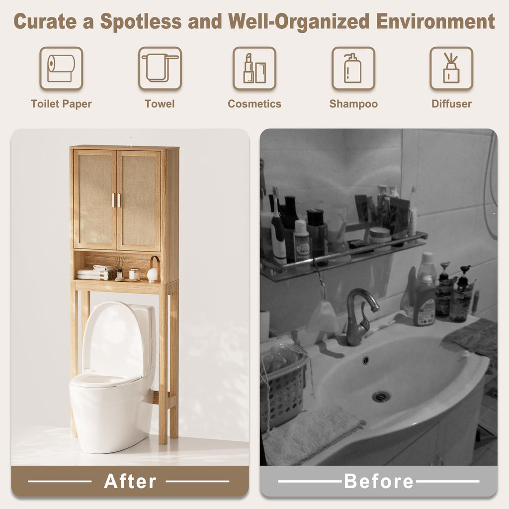 Over the Toilet Storage Cabinet with Rattan Doors L302