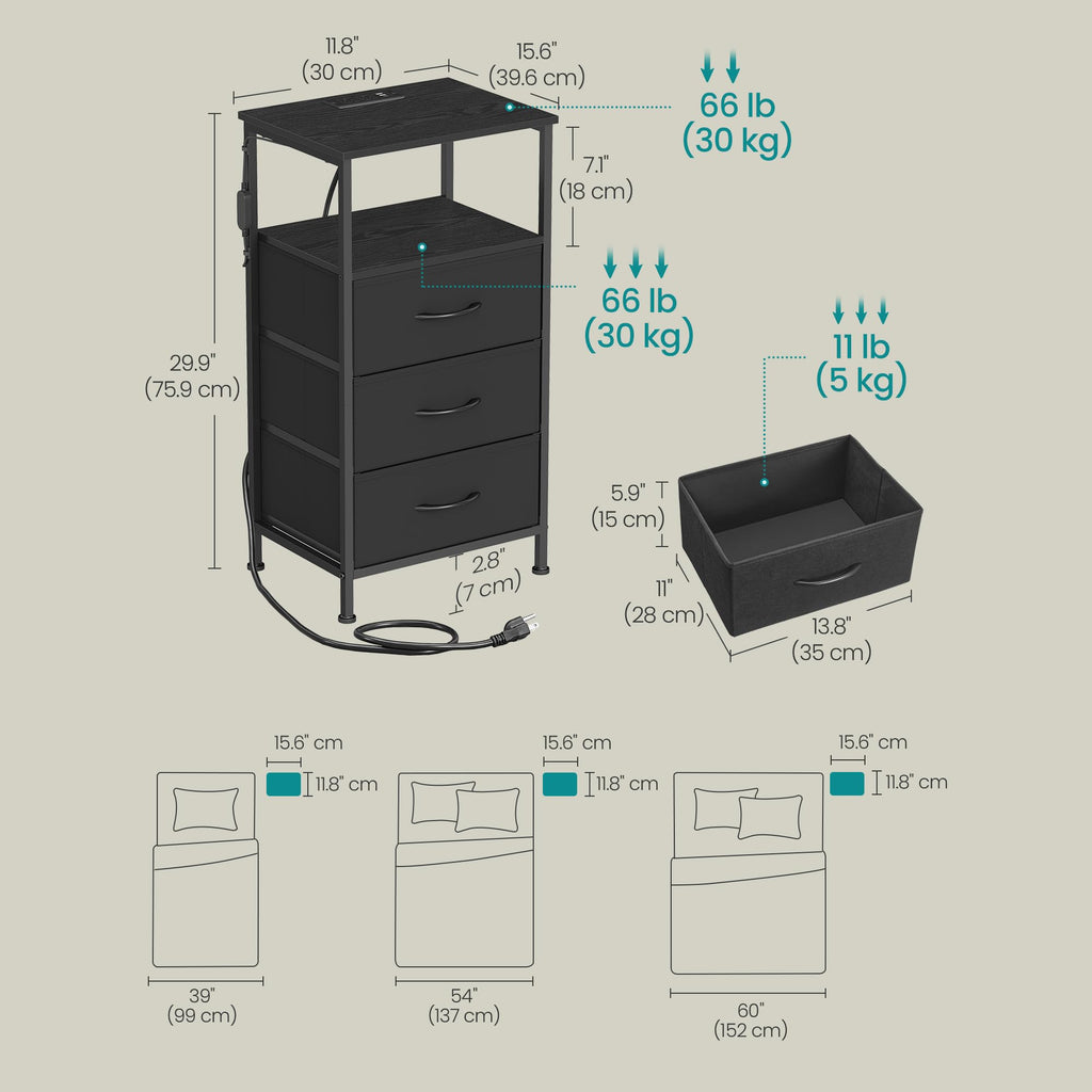 Nightstand with Charging Station, 3 Fabric Drawers M28714