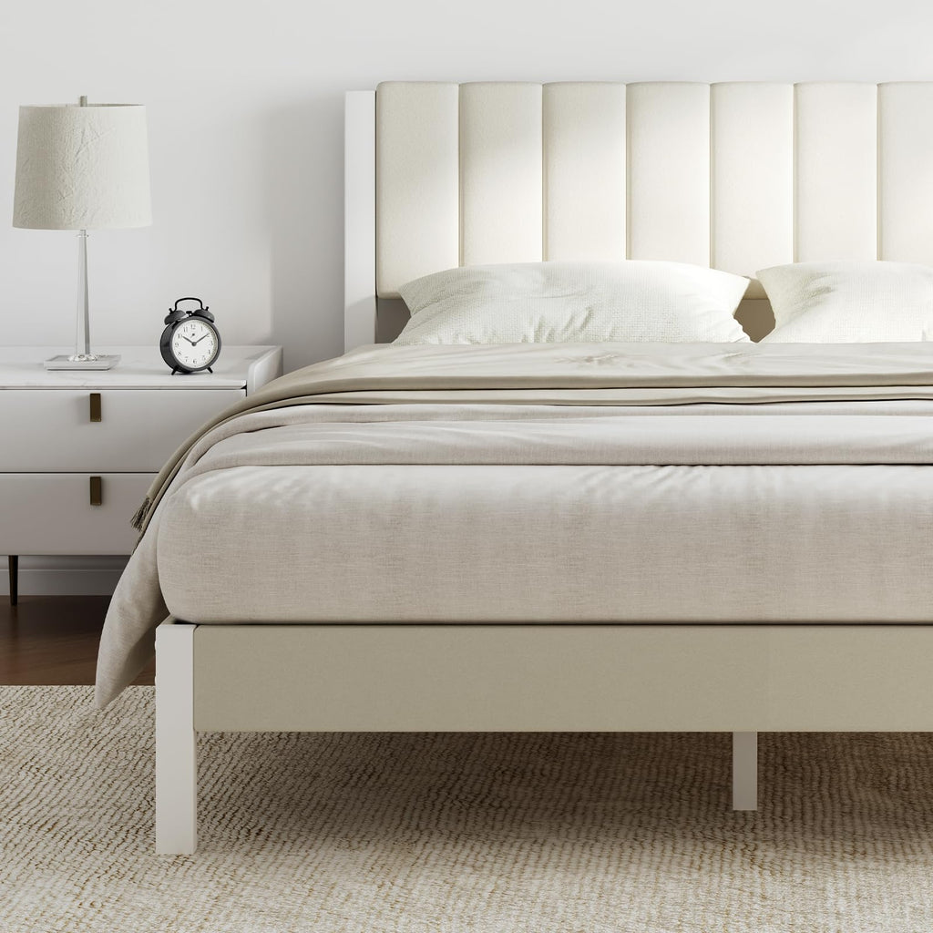 Full Size Metal Platform Bed Frame with Velvet White Headboard V290533