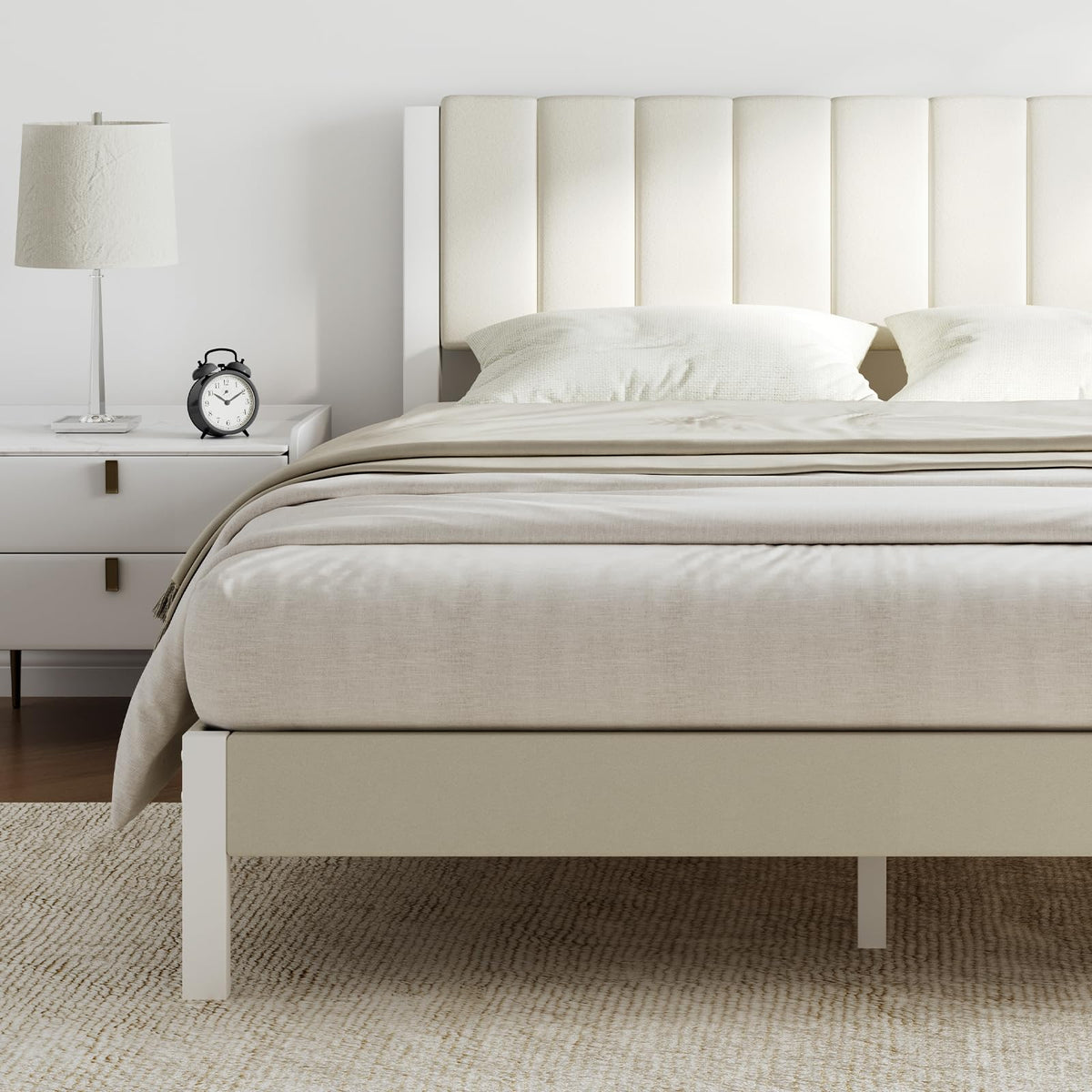 Full Size Metal Platform Bed Frame with Velvet White Headboard V290533