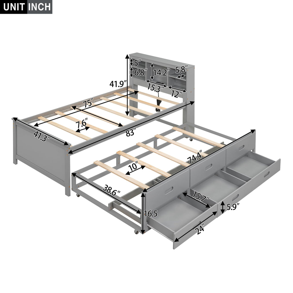 Twin Size Wood Platform Bed with Trundle and 3 Drawers P276521