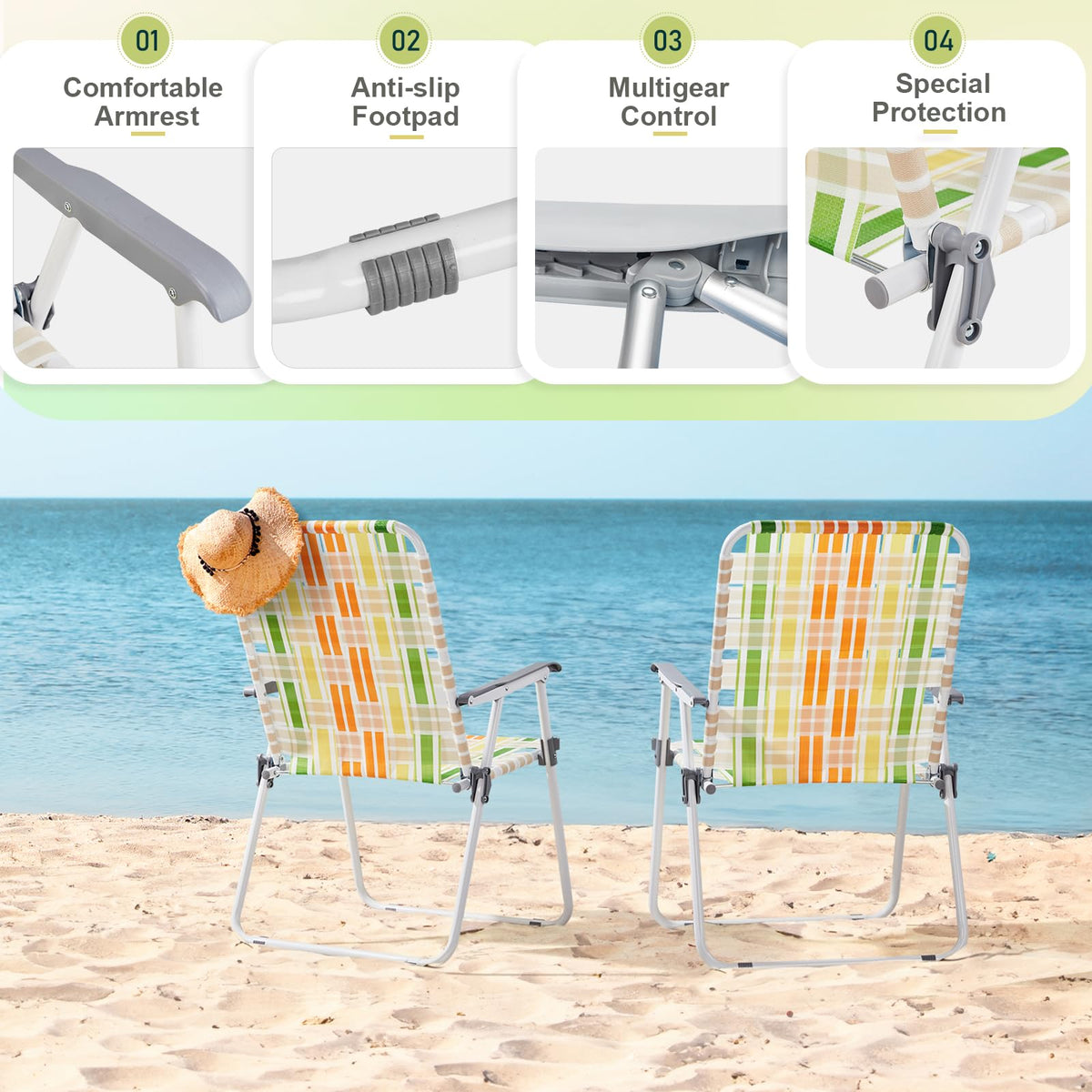 Set of 2 Webbed Folding Beach Chairs Yellow & Green S39423
