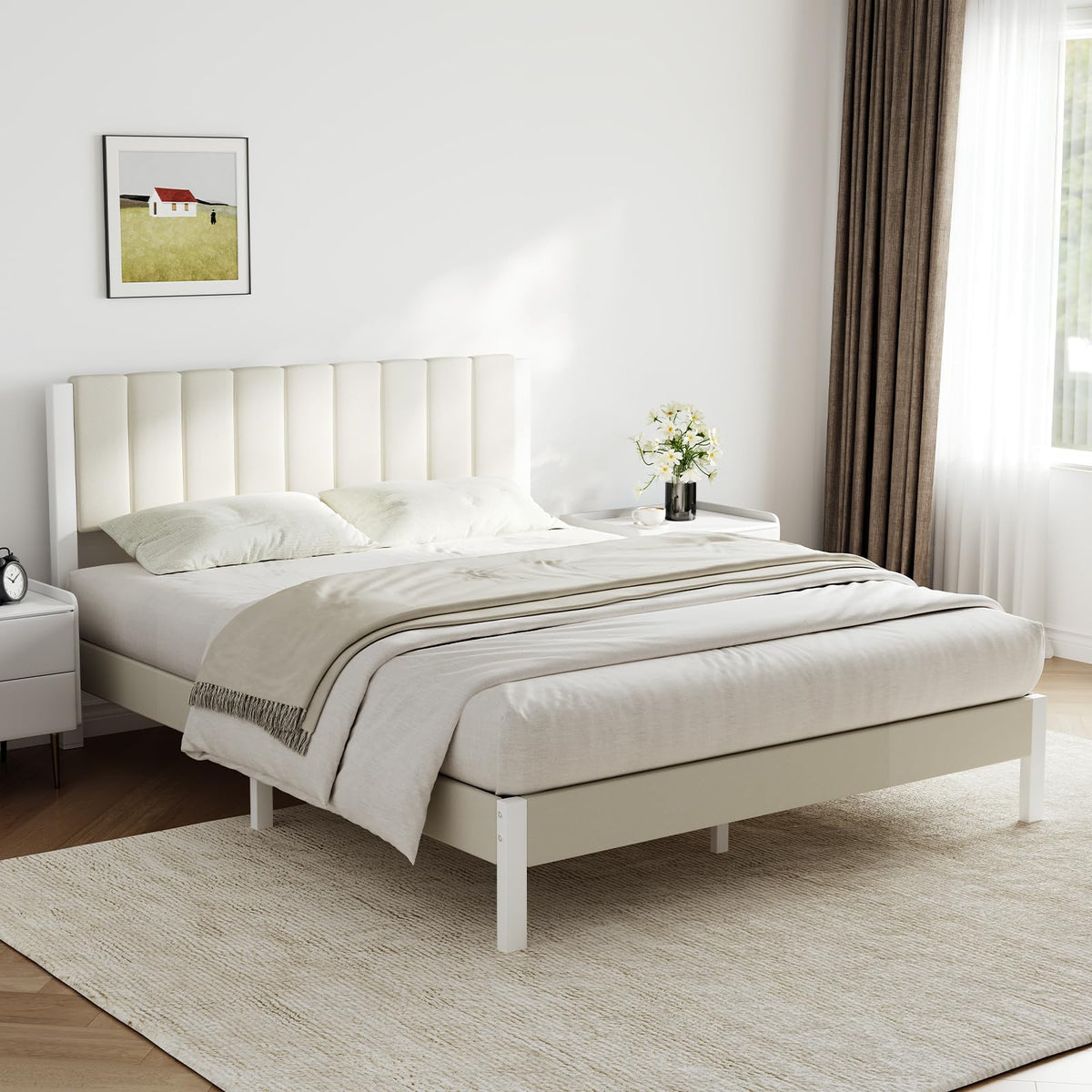 Full Size Metal Platform Bed Frame with Velvet White Headboard V290533