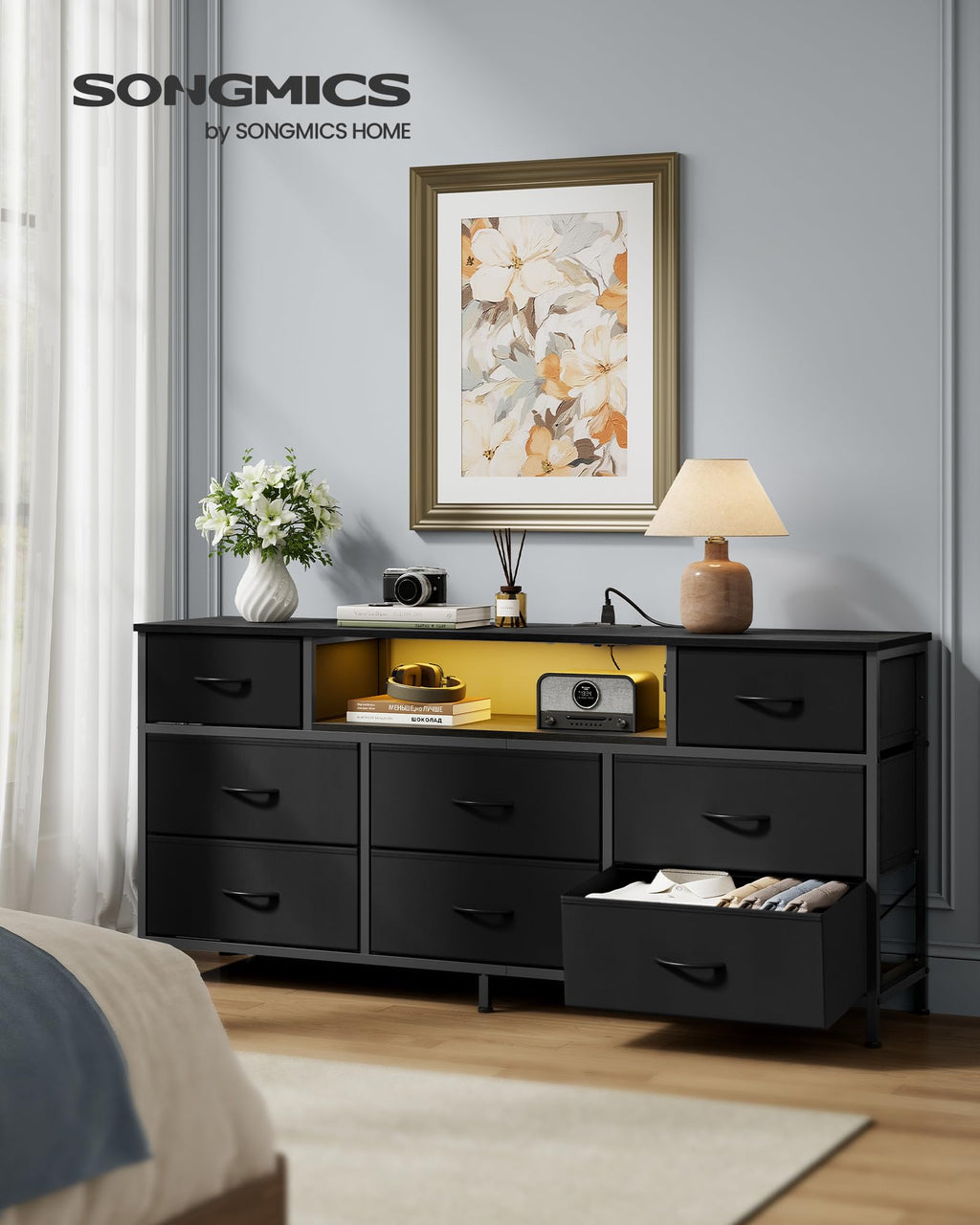 8 Fabric Drawers Dresser with Outlets & LED Lights I663929
