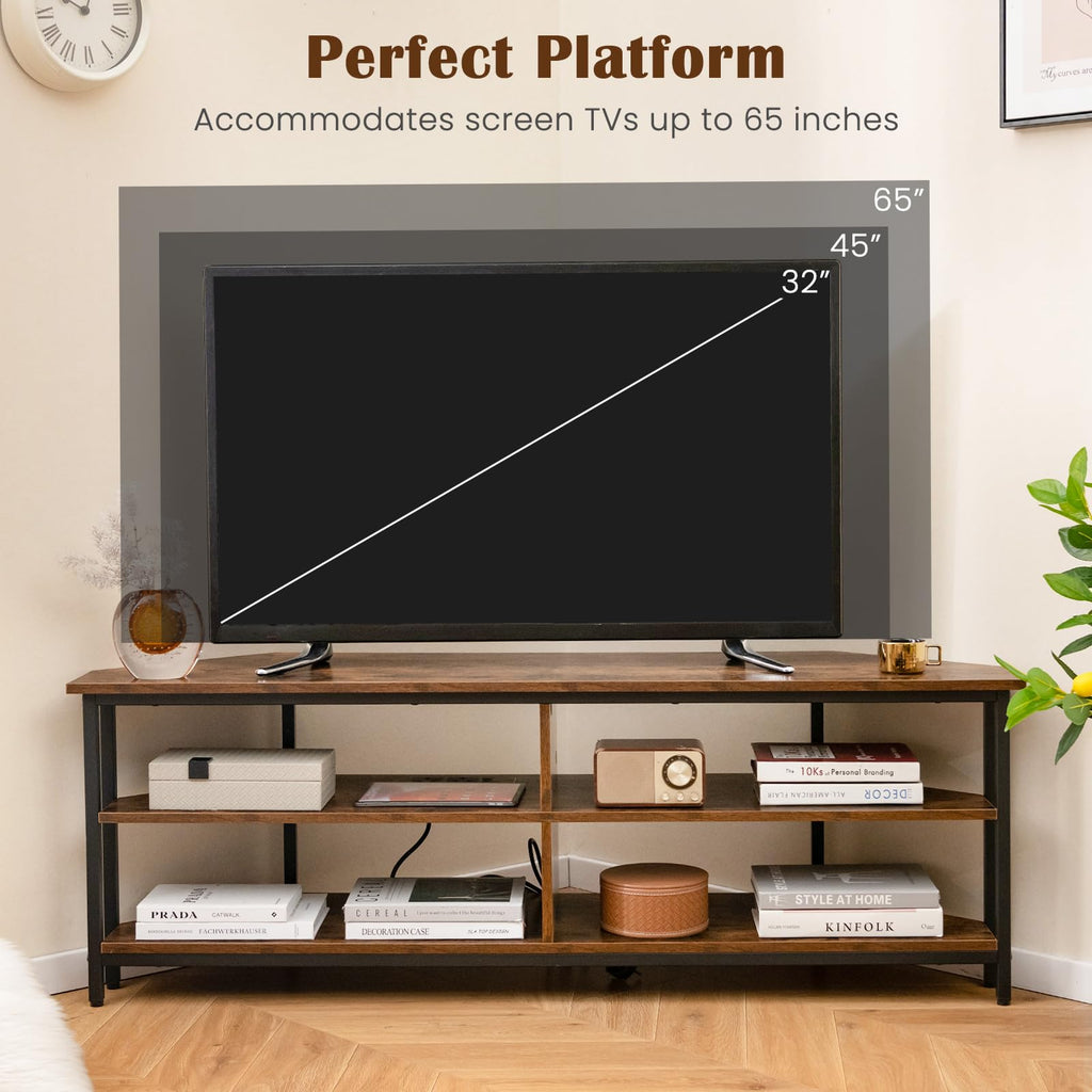 Corner TV Stand for TVs up to 65" with AC Outlets and Storage Shelves Q71446