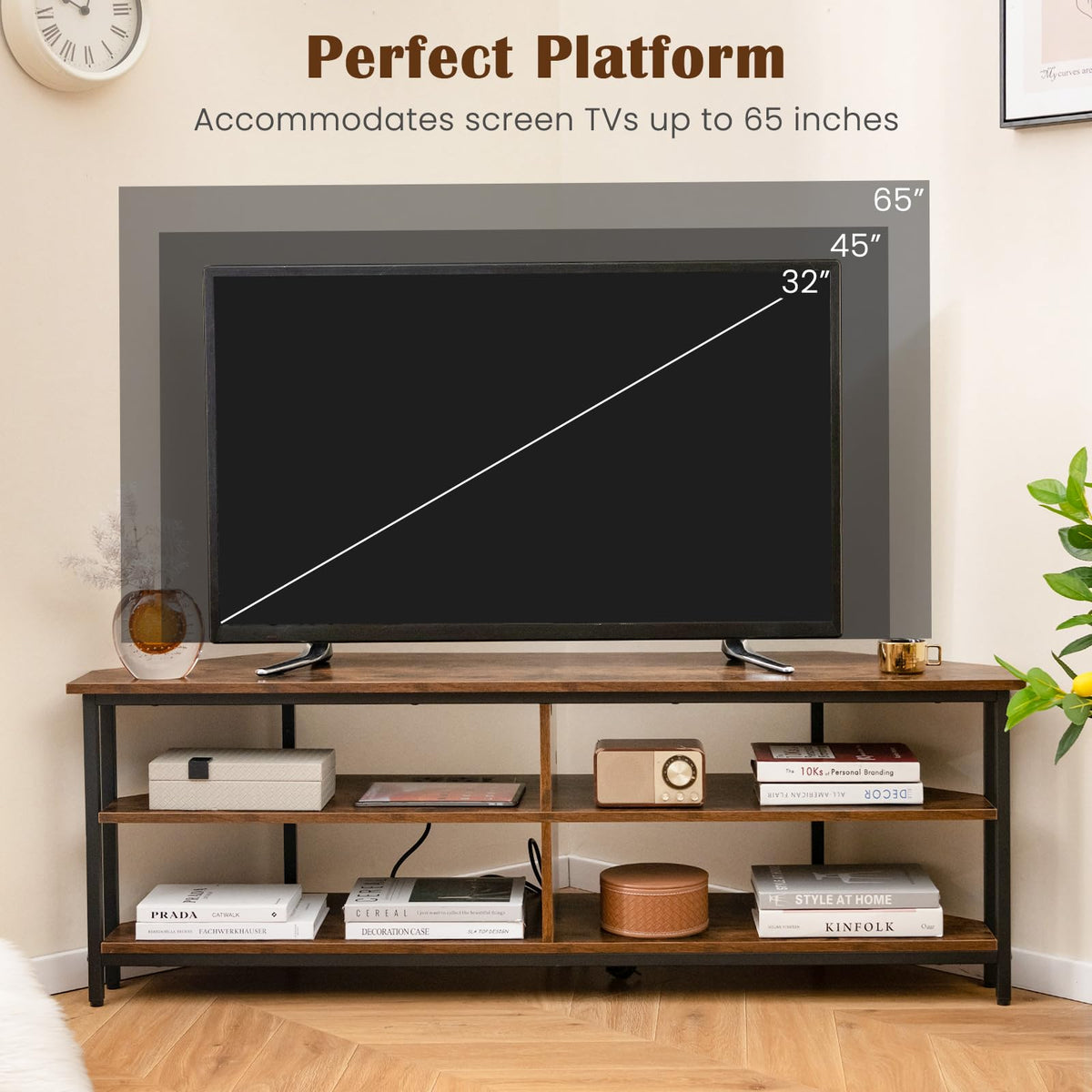 Corner TV Stand for TVs up to 65" with AC Outlets and Storage Shelves Q71446