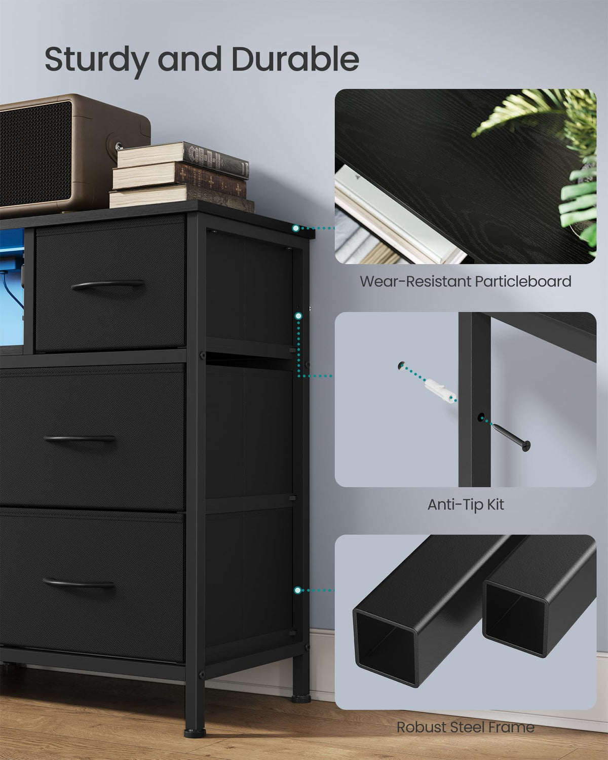 8 Fabric Drawers Dresser with Outlets & LED Lights I663929