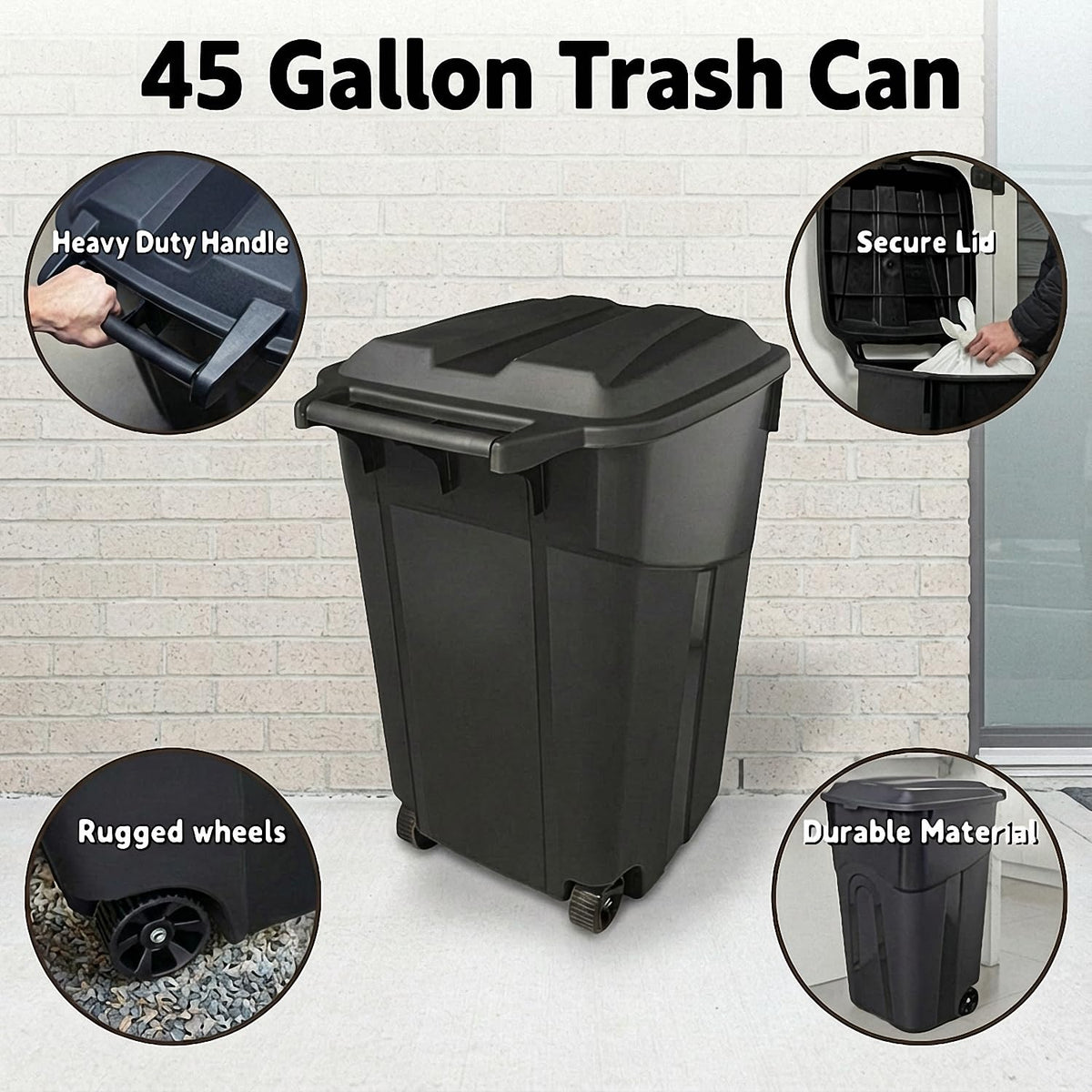 45 Gallon Black Wheeled Trash Can with Lid C7393