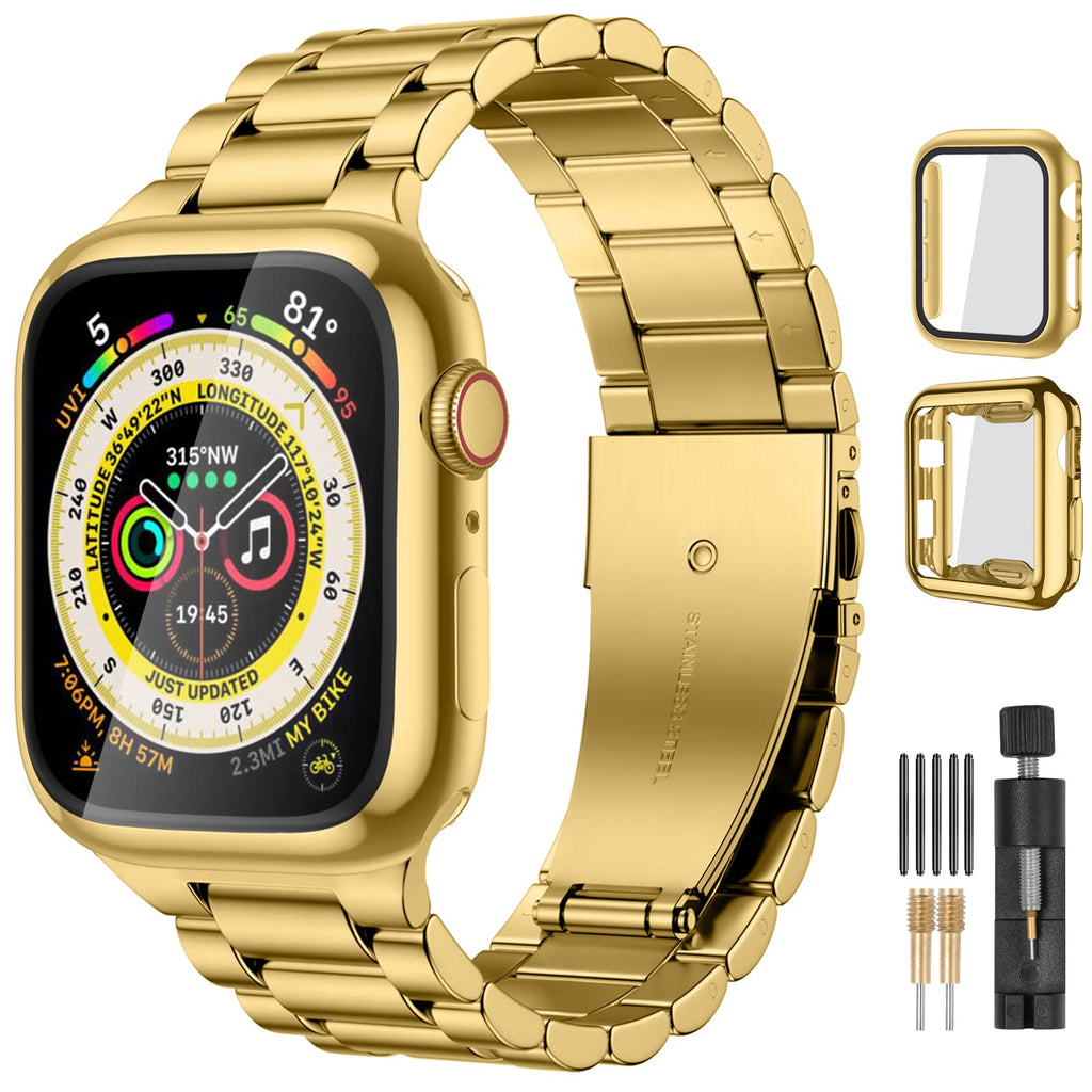 Compatible with Apple Watch Band Stainless Steel Metal Band with 2 Pack Protective Cover Case J23800