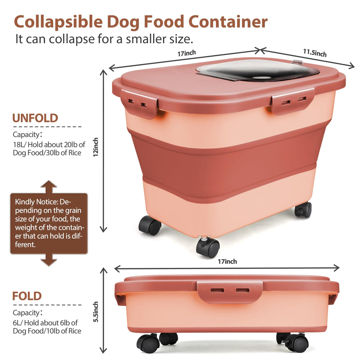 Collapsible Pet Food Storage Container with Wheel, Cup and Scoop T486