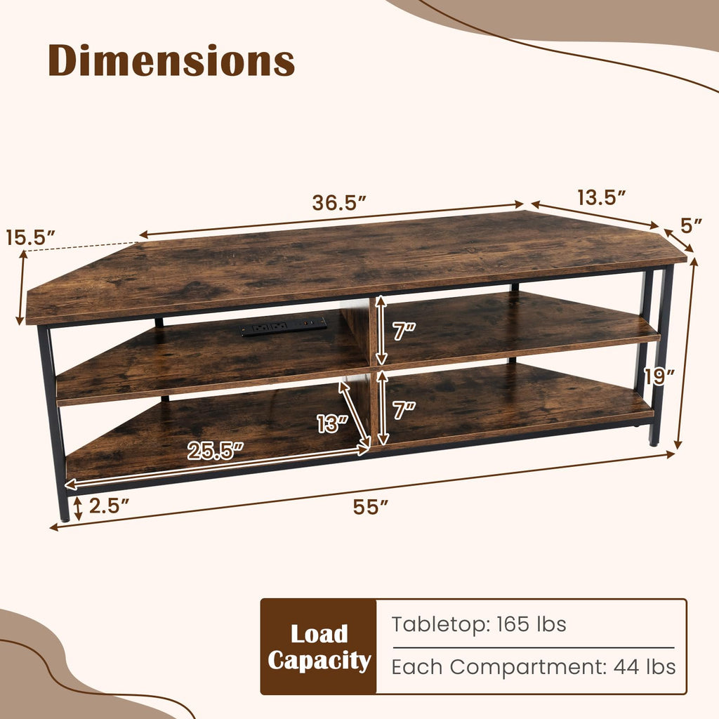 Corner TV Stand for TVs up to 65" with AC Outlets and Storage Shelves Q71446