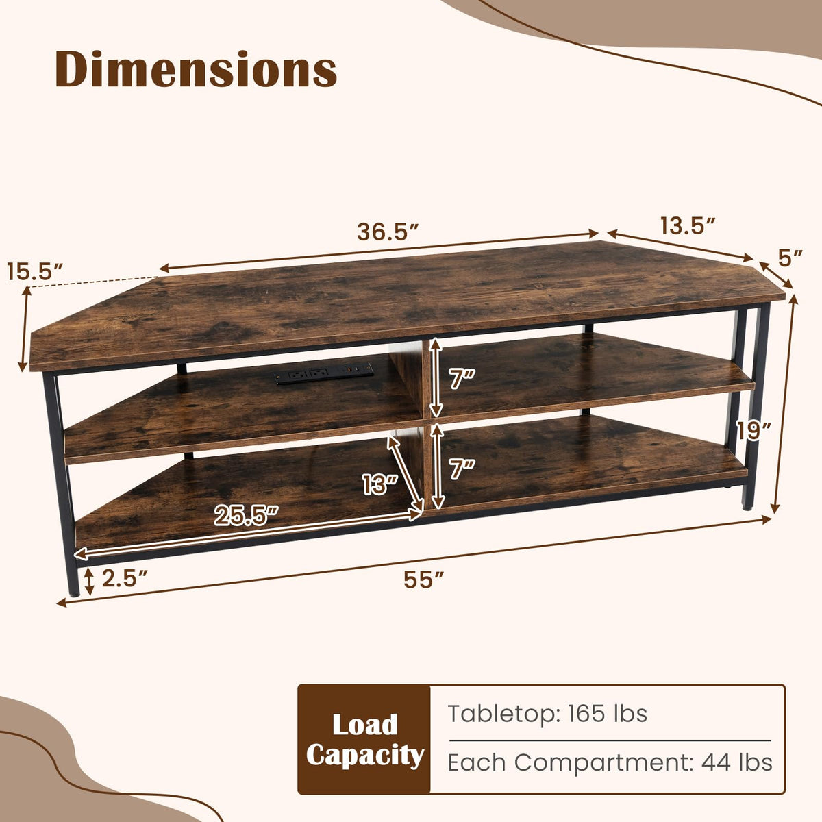 Corner TV Stand for TVs up to 65" with AC Outlets and Storage Shelves Q71446