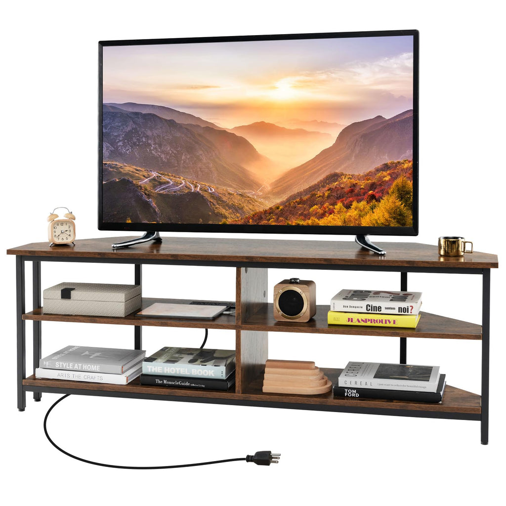 Corner TV Stand for TVs up to 65" with AC Outlets and Storage Shelves Q71446