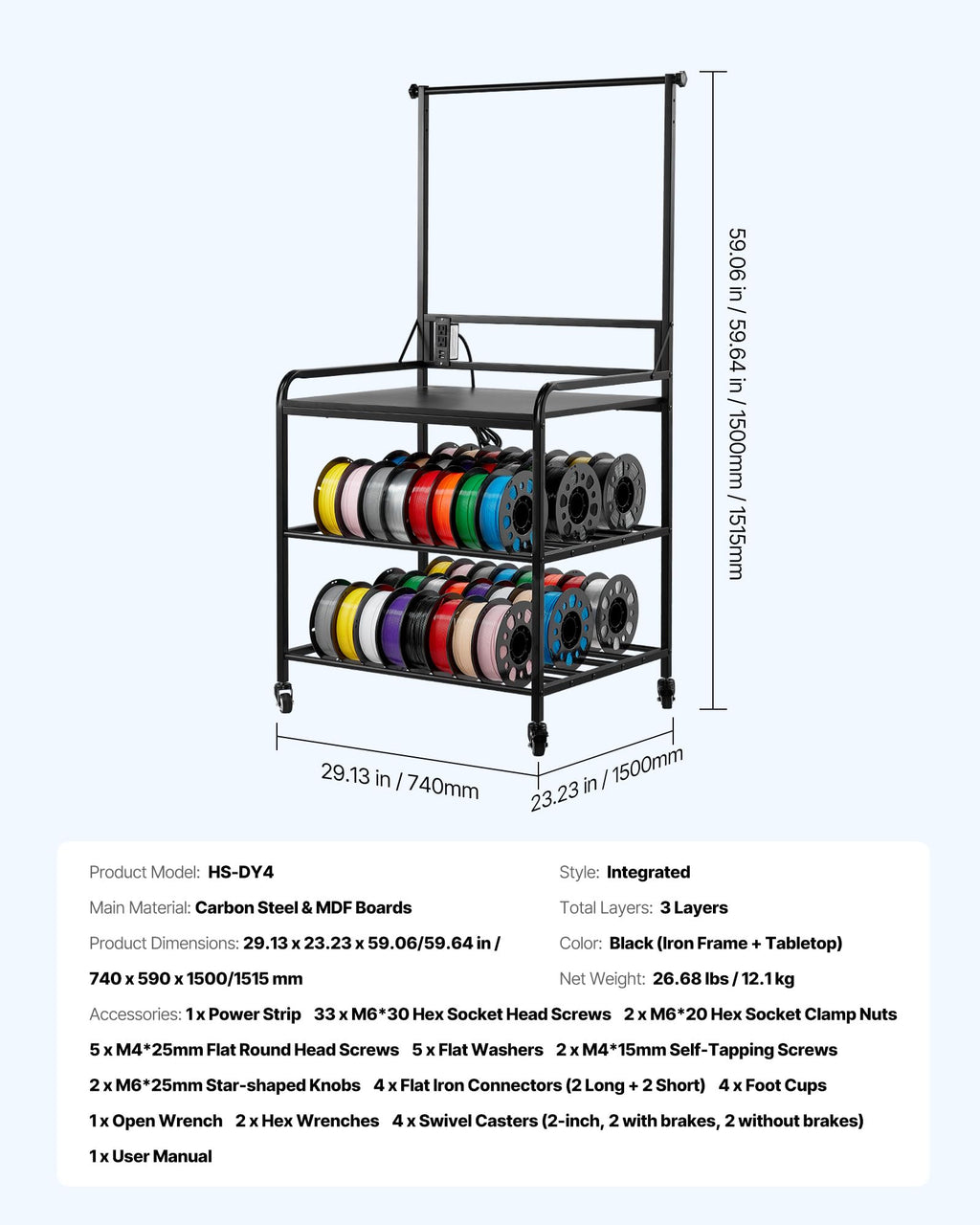 3-Tier Filament Storage Rack with Wheels Y1137