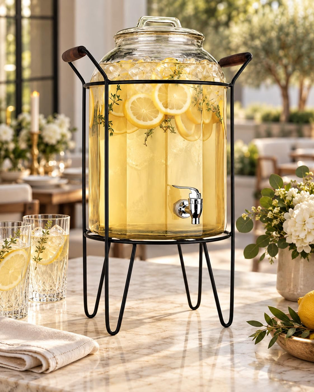 3 Gallon Glass Beverage Dispenser with Glass Lid and Metal Stand U687