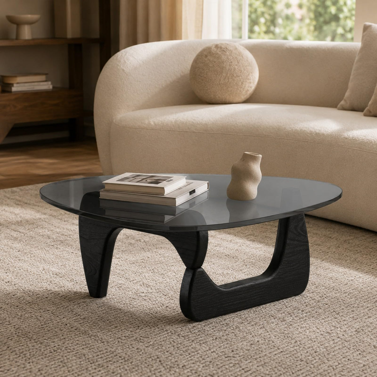 Glass Coffee Table with Wood Grain Base V99241