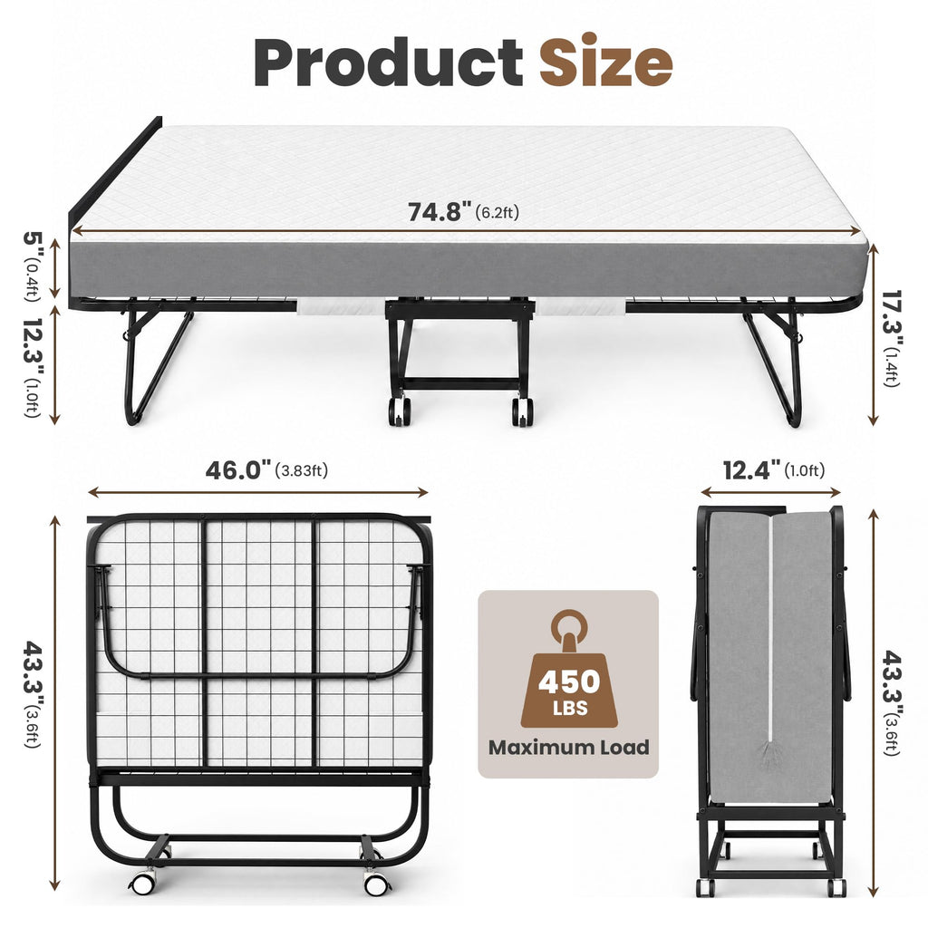 Folding Bed with Mattress Extra Wide Guest Bed O68629