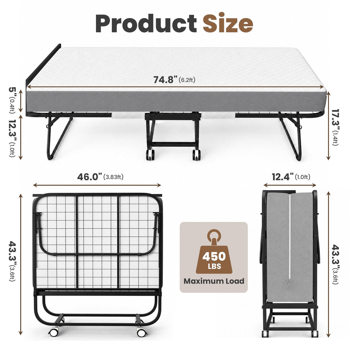 Folding Bed with Mattress Extra Wide Guest Bed O68629
